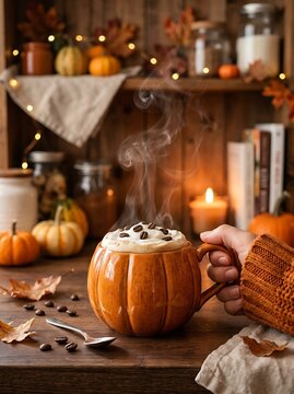 Cozy autumn morning with a pumpkinshaped mug of steaming coffee