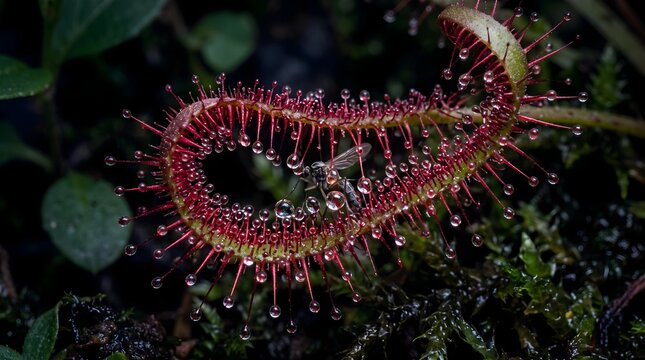 Sundew carnivorous plant trapping a fly, red drosera leaf with sticky dew droplets, predatory bog plant in natural habitat, macro nature photography