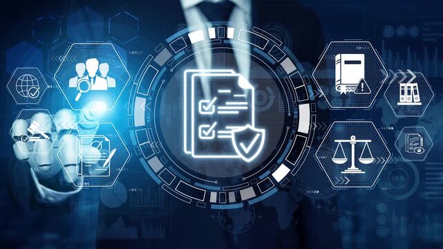 Businessman interacting with digital interface presenting data security, compliance checks, and legal icons in a modern corporate environment with technology graphics Sigmoid