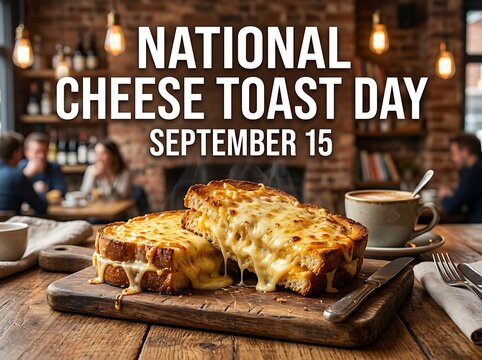 National cheese toast day september 15 with a delicious cheesy toast sandwich on a wooden board in a restaurant setting