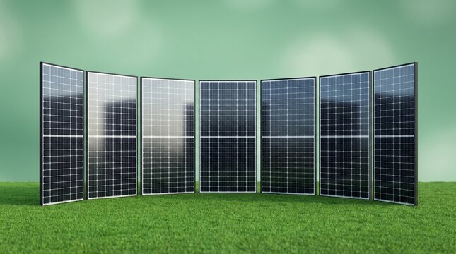 A long curved row of interconnected solar panels stands on green grass to maximize sunlight absorption for energy.