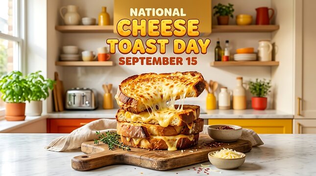 National cheese toast day celebration with a delicious stack of melted cheesy toast on a rustic wooden board in a cozy kitchen setting
