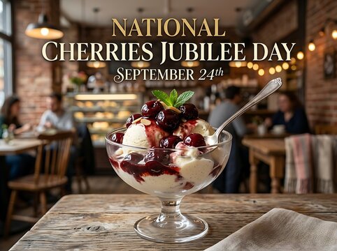 National cherries jubilee day celebration with a delicious bowl of vanilla ice cream topped with warm cherry sauce and fresh mint in a cozy cafe