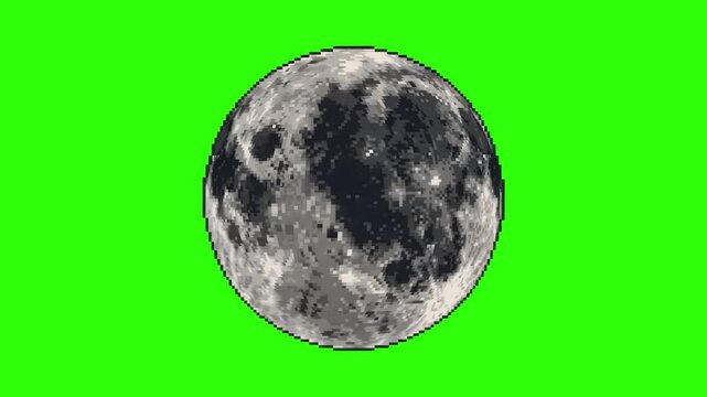 A retro-themed 2D pixel art full moon sprite with distinct pixel shading, isolated on a bright chroma key green screen background. Ideal for indie game video editing, retro motion graphics overlays, a