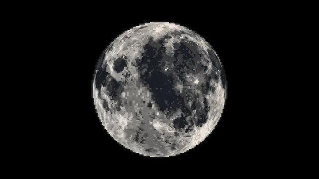 A classic 8-bit or 16-bit retro style 2D pixel art illustration of a full moon with pixelated craters, isolated against a solid black background. Perfect for retro video game assets, indie game design