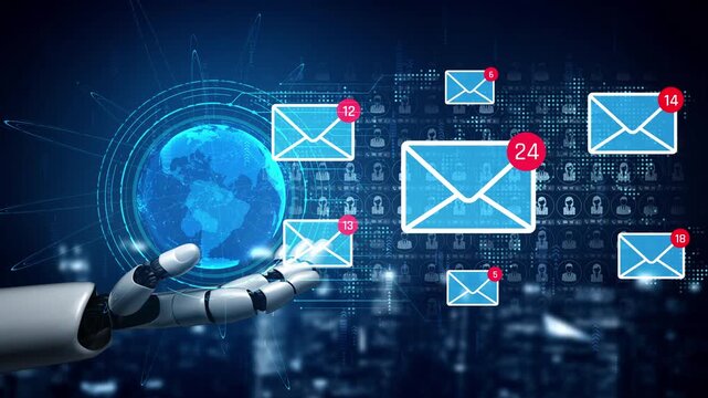 Futuristic Robot Hand Reaching Out to Digital Mail Icons with a Global Network Background Representing Communication Technology and Data Exchange Sigmoid