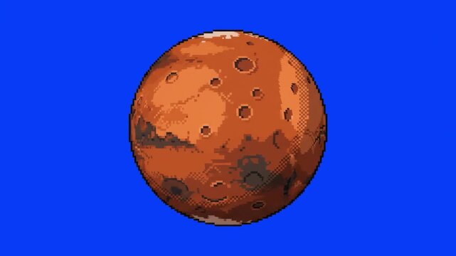 A retro pixel art style Mars planet rotating in a continuous loop isolated on a bright blue chroma key background. Great for video game development, retro sci-fi animations, VFX keying, and arcade vid