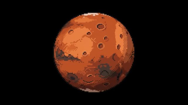 A pixel art 8-bit style Mars planet rotating continuously against a dark black space background. Suitable for retro video games, pixel art projects, sci-fi overlays, 80s arcade themes, and astronomy a