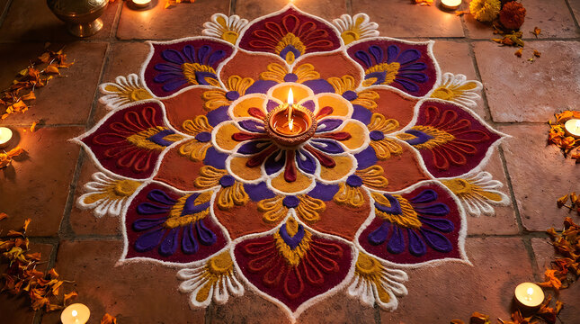 Beautiful colorful rangoli art design illuminated by glowing oil lamps for the traditional indian festival of diwoli celebration