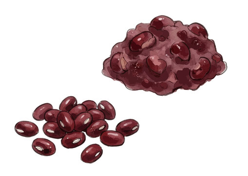 Appetizing anko red bean paste and azuki bean illustration with rich glossy texture and authentic Japanese sweet styling ／ シズル感のあるあんこと小豆のイラスト、艶やかで濃厚な質感を表現した美味しそうな和菓子素材