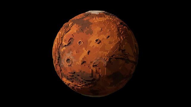 A retro 8-bit or 16-bit 2D pixel art sprite of the planet Mars showcasing textured alien topography and craters, isolated against a solid black space background. Perfect for nostalgic sci-fi animation