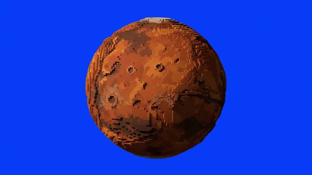 A classic retro-style 2D pixel art representation of the red planet Mars, complete with pixelated craters and rusty surface details, isolated on a solid blue chroma key backdrop. Great for educational