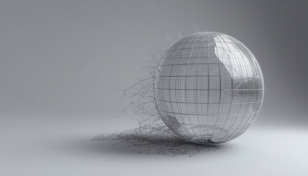Abstract digital sphere disintegrating into particles with particle dissolve abstract transformation technology geometric background minimalist metallic fragment breaking innovation
