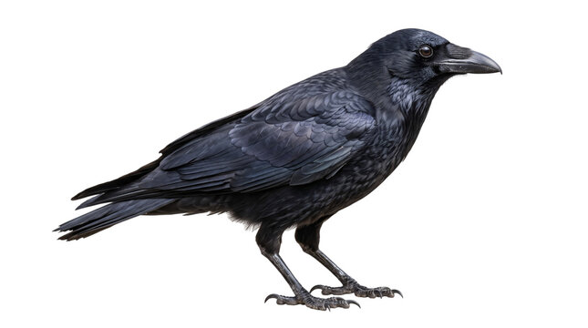 Black crow bird with dark feathers standing on white png isolated on transparent background