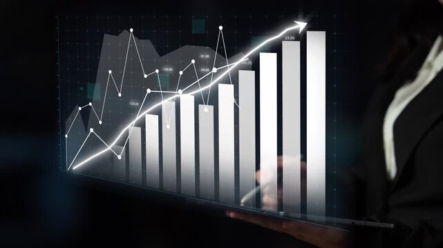 A professional setting displaying business growth statistics with bar graphs and line charts on a digital screen, representing positive financial trends and insights. Copula