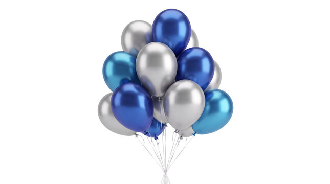 Bunch of metallic blue and silver balloons tied with png isolated on transparent background