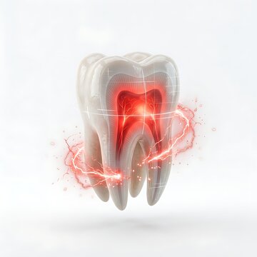 3d illustration of a human molar tooth with inflamed pulp and nerve pain, isolated on white background