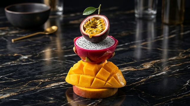 A vibrant stack of tropical fruits including mango, dragon fruit, and passion fruit arranged artistically on a dark marble surface in a modern kitchen