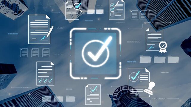 Overview of Digital Verification Process with Checkmarks and Documents Against Urban Skyline Representing Modern Technology in Business Operations Sigmoid