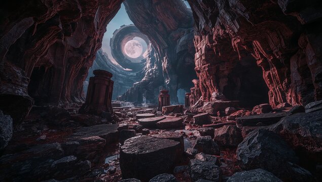 Mysterious fantasy cave interior with glowing portal and rocky terrain.
