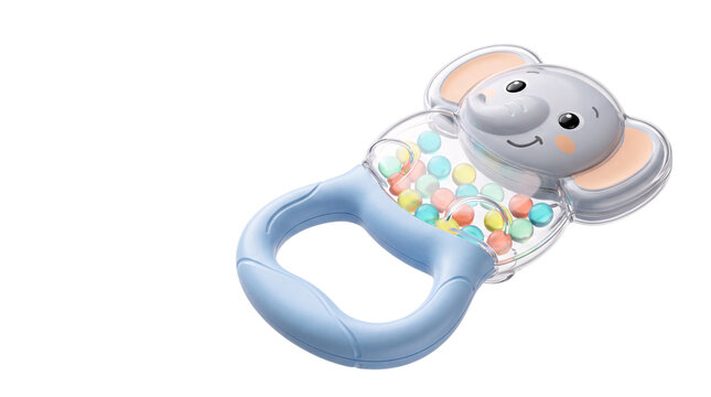 Cute blue elephant baby rattle with colorful beads on png isolated on transparent background