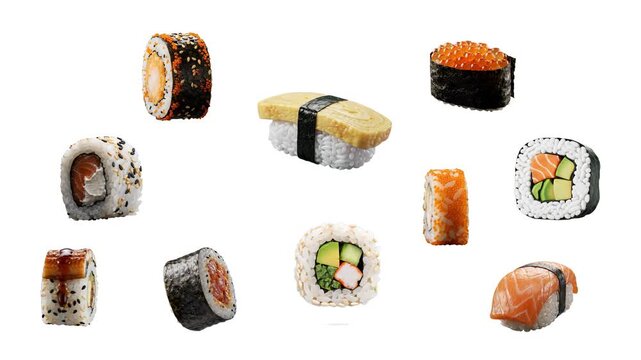 A seamless floating arrangement of fresh sushi rolls, gunkan, and tamago nigiri isolated on a pure white backdrop. Suitable for menu design overlays, restaurant marketing videos, and food delivery app
