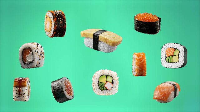 Various fresh sushi rolls, gunkan, and tamago nigiri floating slowly across a bright green screen background. Great for Japanese restaurant promos, delivery app commercials, and food keying assets.