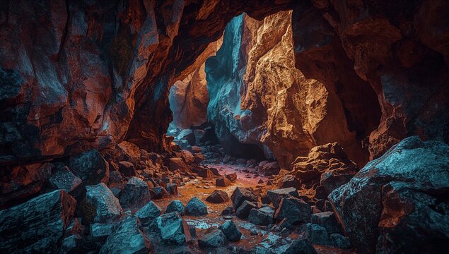 Mysterious dark cavern interior with glowing golden and blue mineral rock formations.