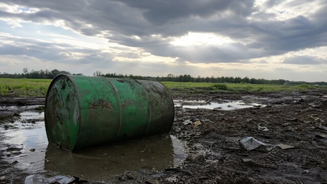 Abandoned Green Metal Drum Lying in a Polluted Muddy Field Under a Cloudy Evening Sky