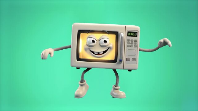 A fun 3D cartoon kitchen microwave mascot with flexible limbs dancing on a bright chroma key green screen background. Perfect for video editing overlays, kitchen retail advertisements, and educational