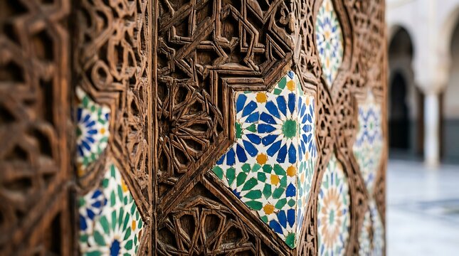 Close up of traditional moroccan carved wood and mosaic tiles