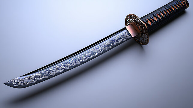 A meticulously crafted katana sword with a sharp, polished blade and ornate tsuba (handguard), presented against a clean white background under professional studio lighting, sharp focus on the 
