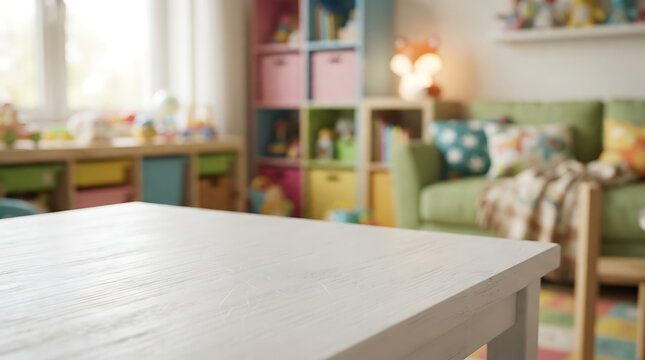 Empty white wooden table in the foreground with a blurred background of a cozy playroom filled with colorful toys and furniture