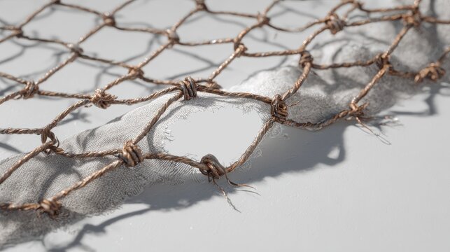 metallic mesh fence with hole in middle, symbolic gap for freedom, frayed wires and realistic shadows, minimal background