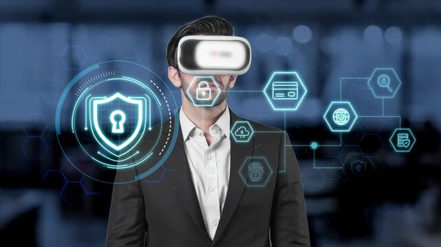 Man with Virtual Reality Headset Engaged in Cybersecurity Concepts Surrounded by Digital Icons Representing Protection and Data Security. Entropy.