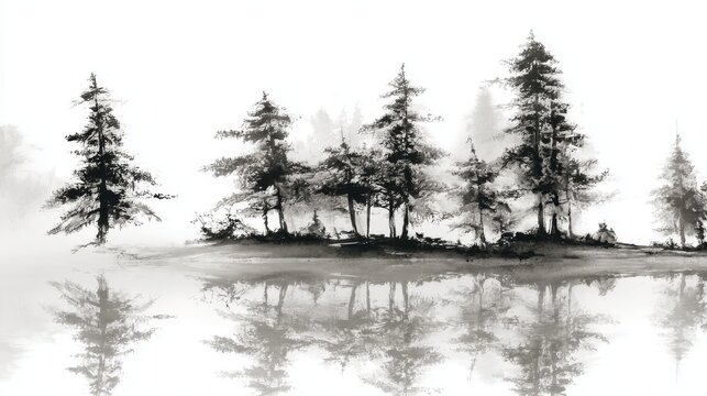 misty pine trees softly fading into white background, traditional sumi-e ink wash style, mirror reflection in calm lake