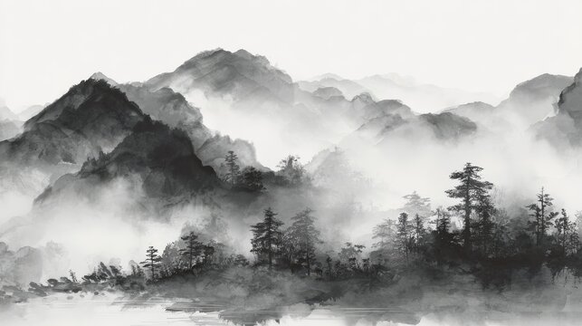 minimalist oriental ink painting with layered foggy mountains and trees, black ink textures, gentle ripples in water