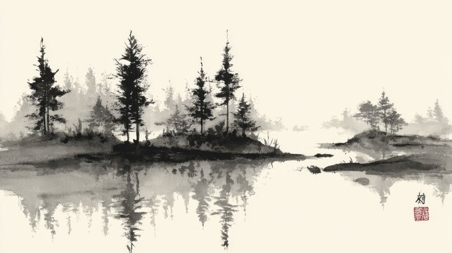 peaceful zen composition of sparse forest, quiet river reflections, sumi-e brushwork with soft gray tones and white space