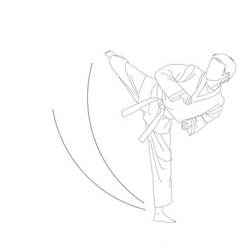 Karate kick pose line drawing vector, taekwondo kick pose outline vector,karate athlete kikside line art image, athlete taekwondo kick line illustration,karate athlete kick pose single line vector 