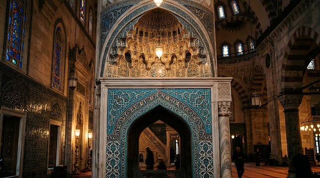 Intricate interior of an ottoman mosque with blue floral tiles