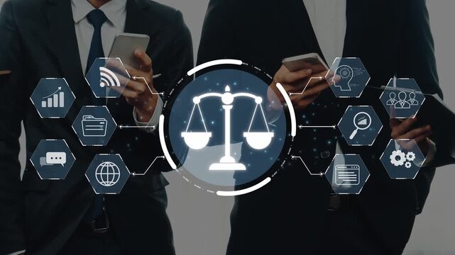 A modern business meeting showcasing individuals using smartphones and incorporating digital legal icons, emphasizing the integration of technology and law in the workplace. Raster
