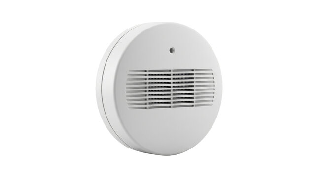 White smoke detector on white background, modern fire alarm sensor for home safety, round carbon monoxide detector for residential security