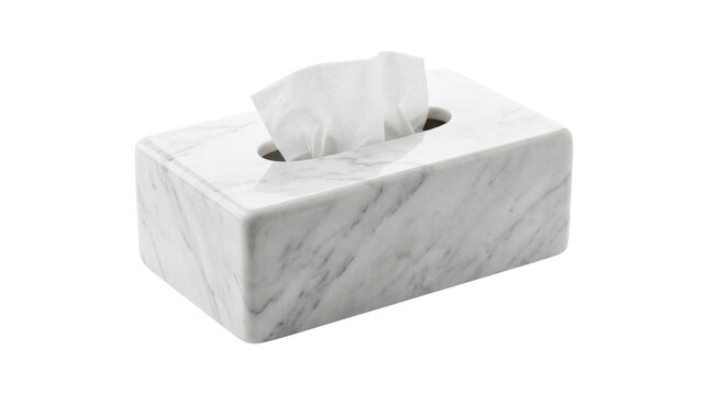 Luxury white marble tissue box cover, elegant stone napkin holder for bathroom decor, minimalist marble paper dispenser on white background