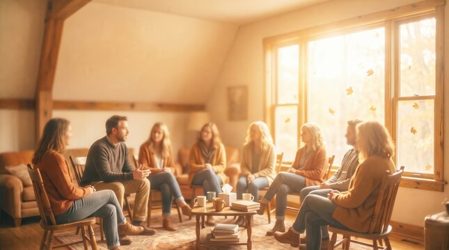 Support group meeting in cozy sunlit room with people seated in circle sharing experiences