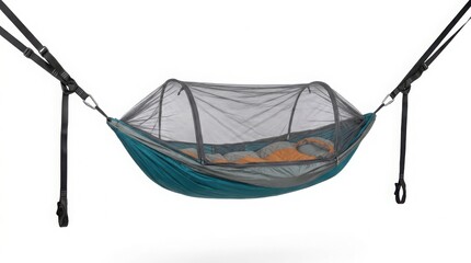Obraz premium Blue camping hammock with integrated mosquito netting for outdoor sleeping mosquito sleeping adventure relaxation trekking wilderness equipment vacation outdoors