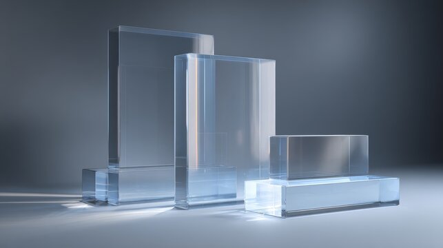 minimalistic 3d glass display stands, floating on transparent background, showcasing smooth surfaces and ambient light reflections