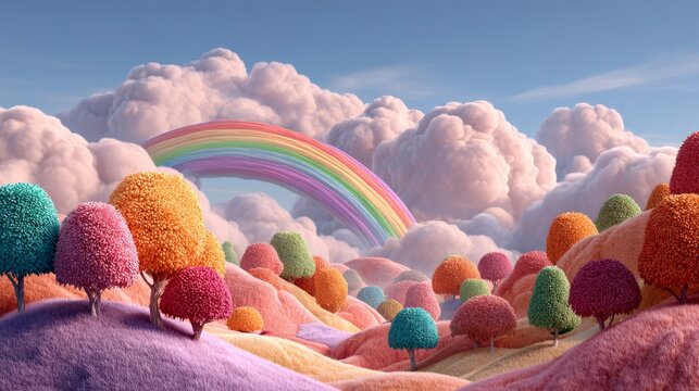 vibrant 3d cartoon landscape with rolling hills, candy-colored trees, giant rainbows arching over a pastel sky, fluffy clouds floating above