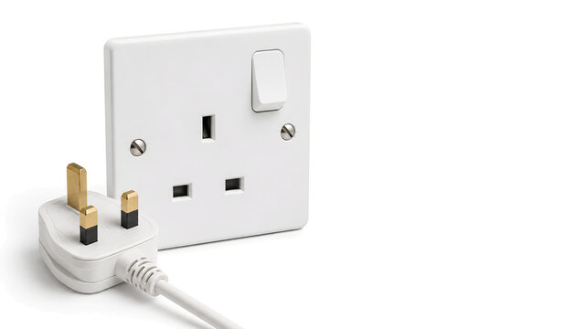 British Type G Plug and Wall Socket Isolated on White Background