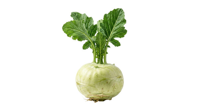 Fresh green kohlrabi with leaves, raw organic German turnip on white background, healthy vegetable for cooking