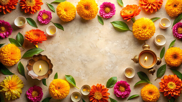 Festive background with colorful flowers and glowing oil lamps for durga puja celebration and traditional indian festival decorations